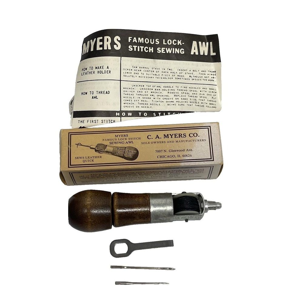 Vintage C A Myers Co Famous‎ Lock Stitch Sewing Awl Original Box Needles Manual